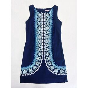 Lilly Pulitzer Embroidered Shift Dress 6 Vintage Navy Blue Teal White Coastal
